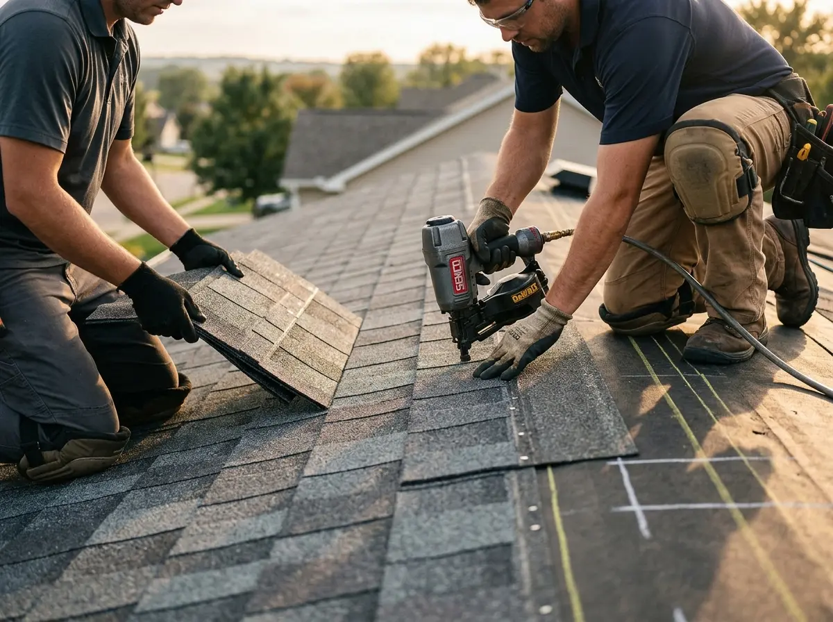 Professional roofer working on a residential roof in Bourne